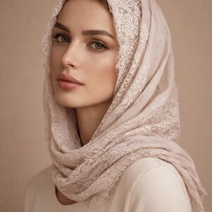 Aghata Paris Lace Head Scarf in Cream Nude Blush Luxury Wrao NWT